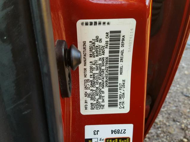 1NXBU4EE1AZ278906 - 2010 TOYOTA COROLLA RED photo 10