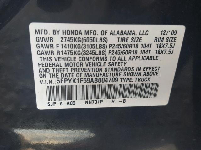 5FPYK1F59AB004709 - 2010 HONDA RIDGELINE BLACK photo 10