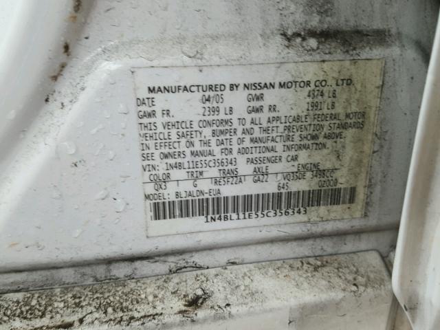 1N4BL11E55C356343 - 2005 NISSAN ALTIMA WHITE photo 10