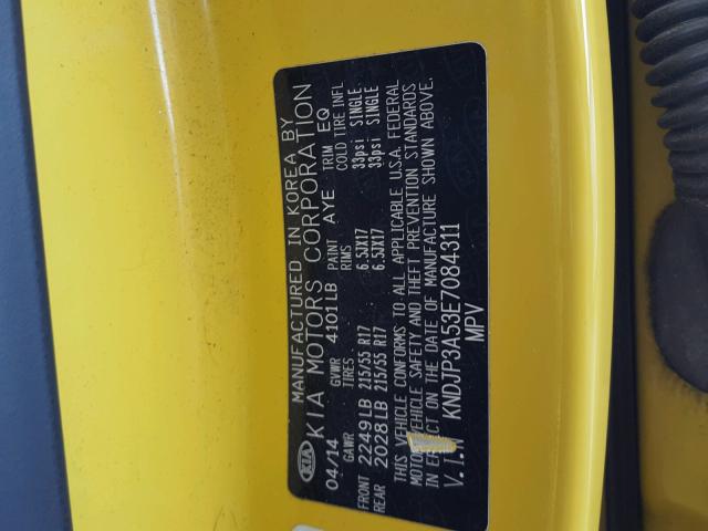 KNDJP3A53E7084311 - 2014 KIA SOUL + YELLOW photo 10
