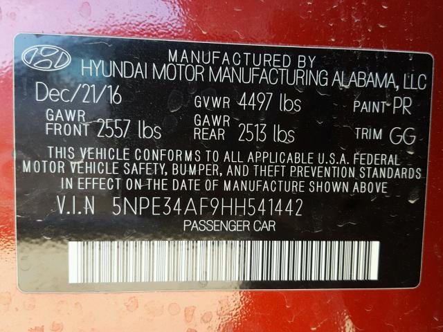 5NPE34AF9HH541442 - 2017 HYUNDAI SONATA SPO RED photo 10