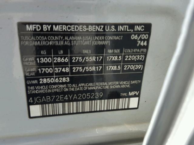 4JGAB72E4YA205239 - 2000 MERCEDES-BENZ ML SILVER photo 10