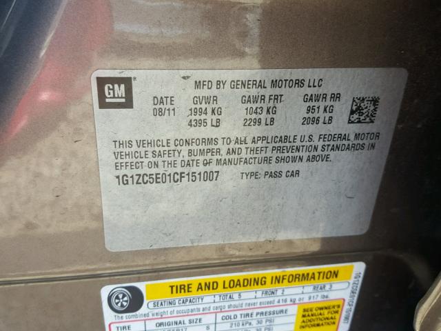 1G1ZC5E01CF151007 - 2012 CHEVROLET MALIBU 1LT 石墨色 照片 10