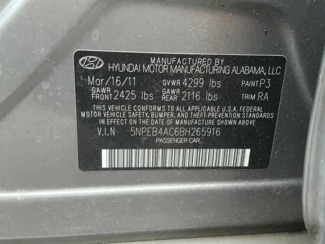 5NPEB4AC6BH265916 - 2011 HYUNDAI SONATA GRAY photo 10