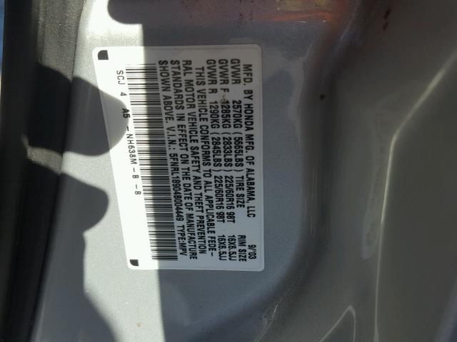 5FNRL18904B004449 - 2004 HONDA ODYSSEY SILVER photo 10