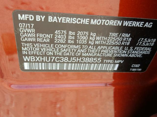 WBXHU7C38J5H38855 - 2018 BMW X1 SDRIVE2 ORANGE photo 10