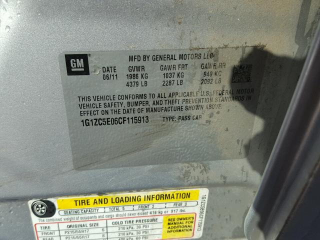 1G1ZC5E06CF115913 - 2012 CHEVROLET MALIBU 1LT SILVER photo 10