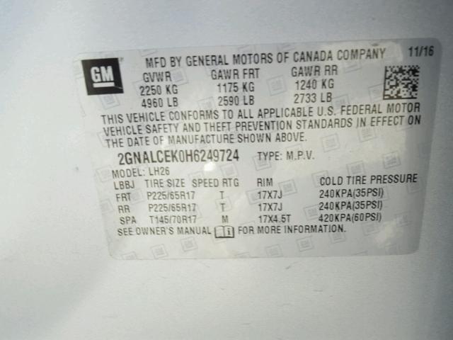 2GNALCEK0H6249724 - 2017 CHEVROLET EQUINOX SILVER photo 10