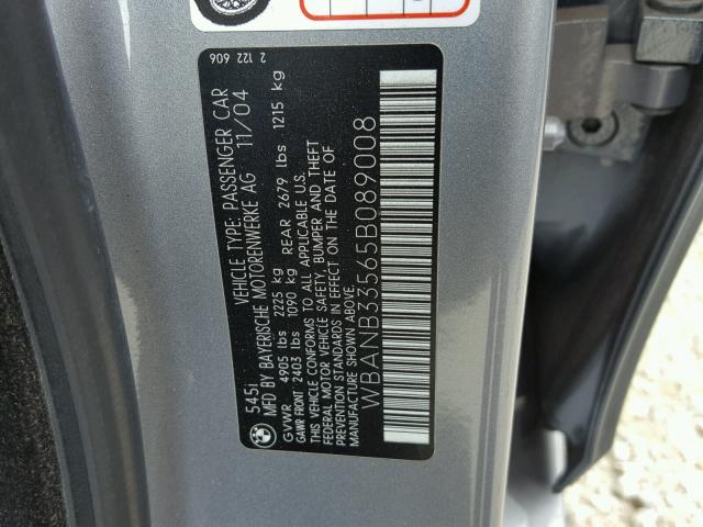 WBANB33565B089008 - 2005 BMW 545 I SILVER photo 10