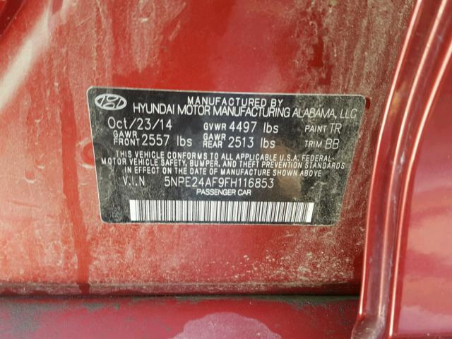 5NPE24AF9FH116853 - 2015 HYUNDAI SONATA SE RED photo 10