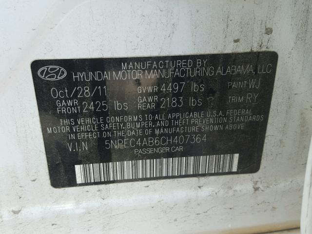 5NPEC4AB6CH407364 - 2012 HYUNDAI SONATA SE WHITE photo 10