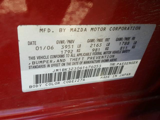 JM1BK323061476053 - 2006 MAZDA 3 RED photo 10