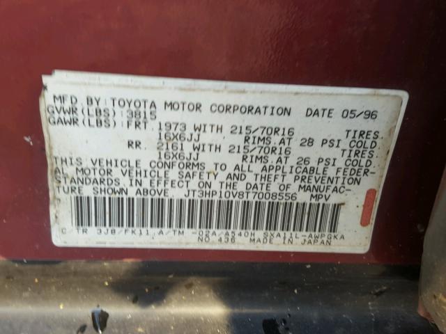 JT3HP10V8T7008556 - 1996 TOYOTA RAV4 RED photo 10