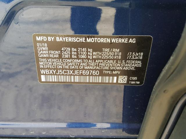 WBXYJ5C3XJEF69760 - 2018 BMW X2 XDRIVE2 蓝色 照片 10