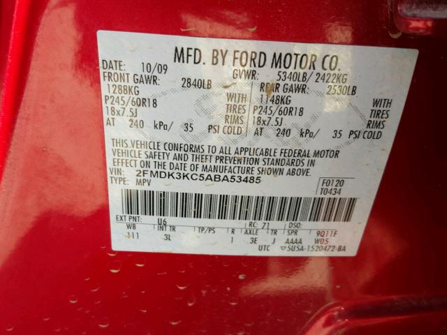 2FMDK3KC5ABA53485 - 2010 FORD EDGE LIMIT RED photo 10