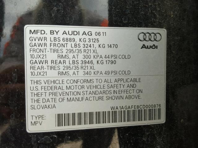 WA1AGAFE8CD000876 - 2012 AUDI Q7 PRESTIG BLACK photo 10