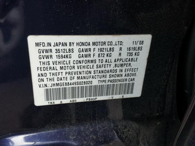 JHMGE88449S028020 - 2009 HONDA FIT SPORT BLUE photo 10