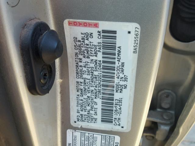 JTDBE32K220110464 - 2002 TOYOTA CAMRY LE SILVER photo 10