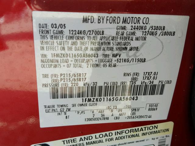 1FMZK01165GA56043 - 2005 FORD FREESTYLE RED photo 10