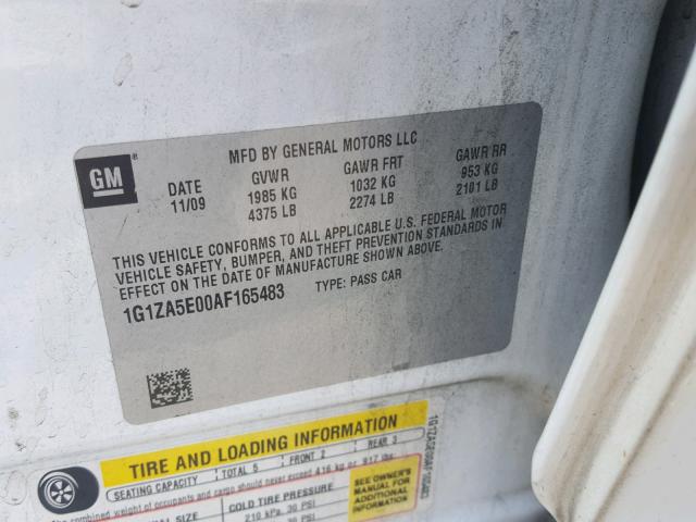 1G1ZA5E00AF165483 - 2010 CHEVROLET MALIBU LS 白色 照片 10