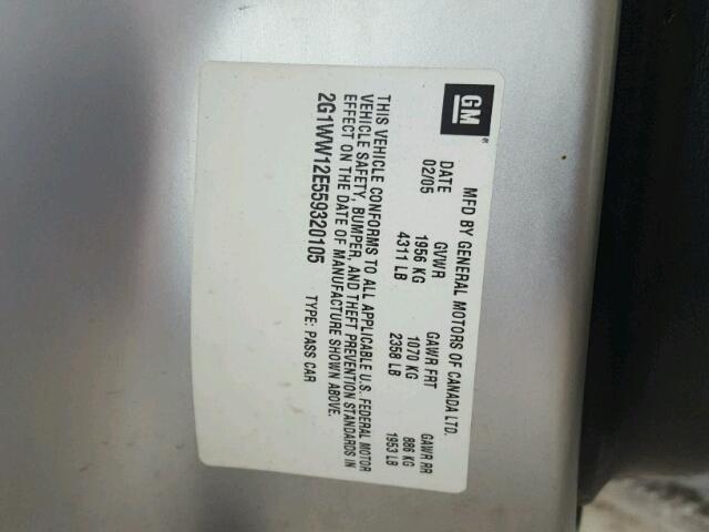 2G1WW12E559320105 - 2005 CHEVROLET MONTE CARL ვერცხლისფერი ფოტო 10