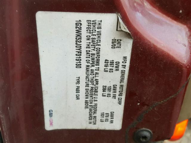 1G2WK52J0YF319130 - 2000 PONTIAC GRAND PRIX BURGUNDY photo 10