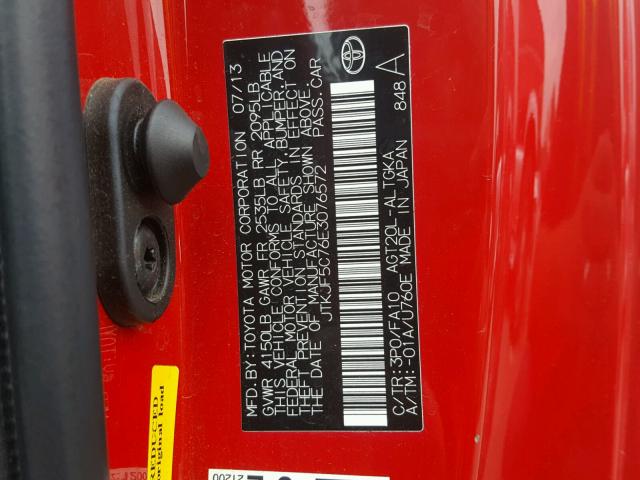 JTKJF5C76E3076572 - 2014 TOYOTA SCION TC 红色 照片 10