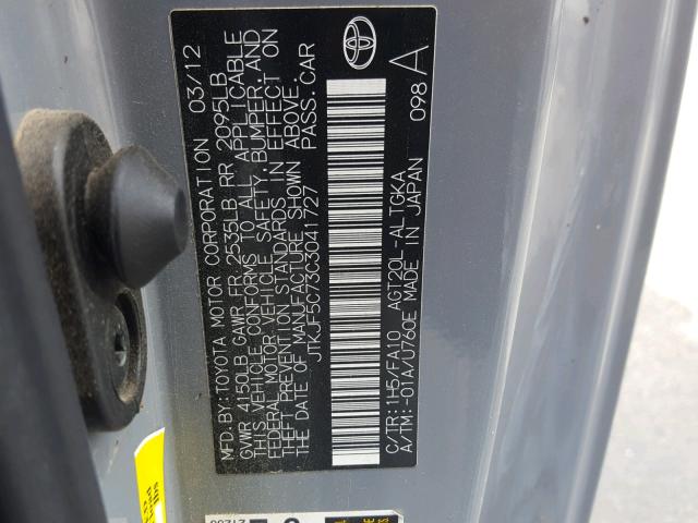 JTKJF5C73C3041727 - 2012 TOYOTA SCION TC 灰色 照片 10