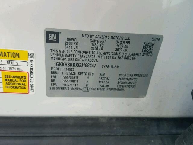 1GKKRSKDXGJ188447 - 2016 GMC ACADIA SLT თეთრი ფოტო 10