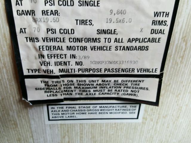 1GBKP37W4K3316930 - 1989 CHEVROLET FLEETWOOD TAN photo 10