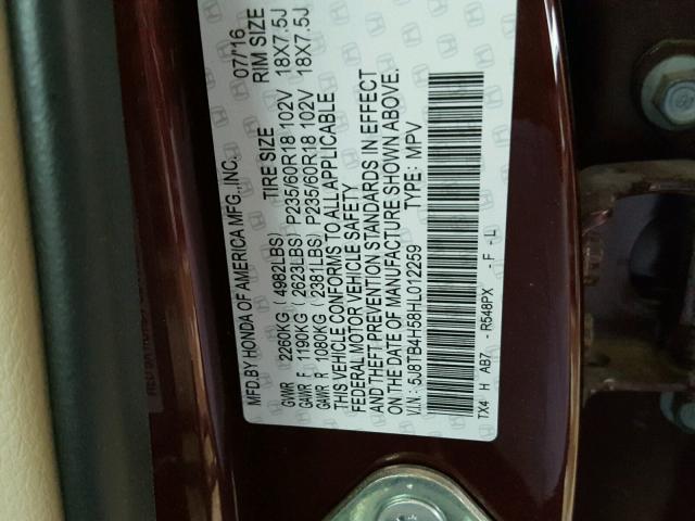 5J8TB4H58HL012259 - 2017 ACURA RDX MAROON photo 10