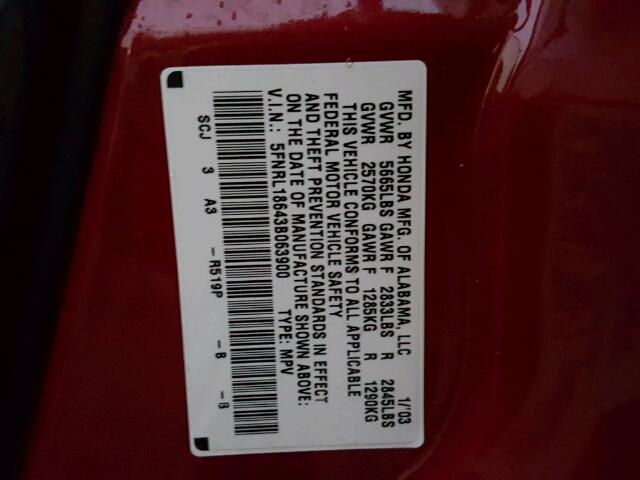 5FNRL18643B063900 - 2003 HONDA ODYSSEY EX BURGUNDY photo 10