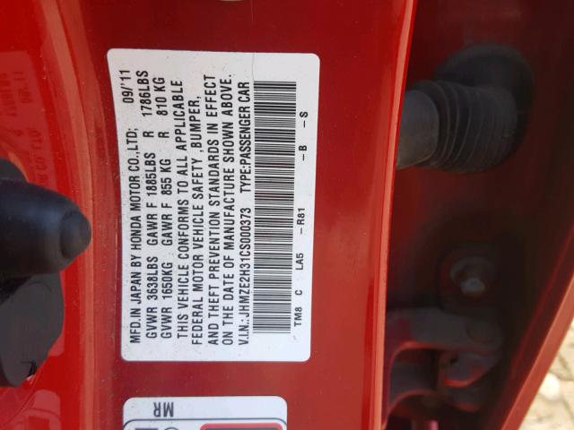 JHMZE2H31CS000373 - 2012 HONDA INSIGHT RED photo 10