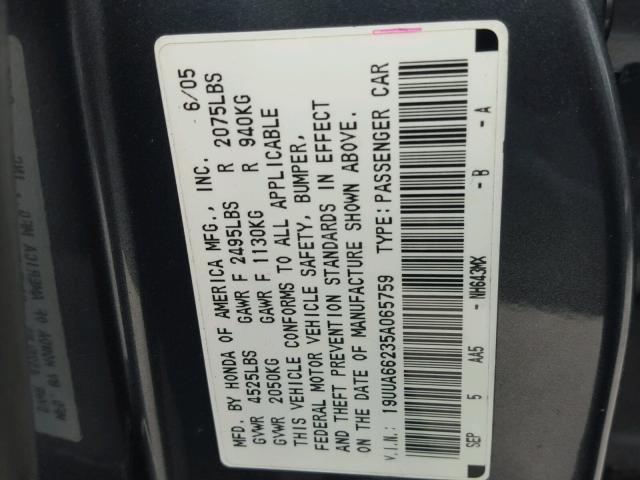 19UUA66235A065759 - 2005 ACURA TL GRAY photo 10