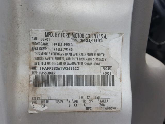 1FAFP38361W269632 - 2001 FORD FOCUS ZTS SILVER photo 10