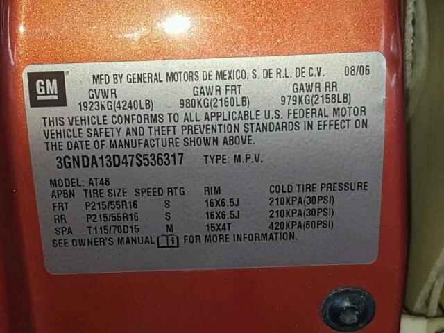 3GNDA13D47S536317 - 2007 CHEVROLET HHR LS ORANGE photo 10