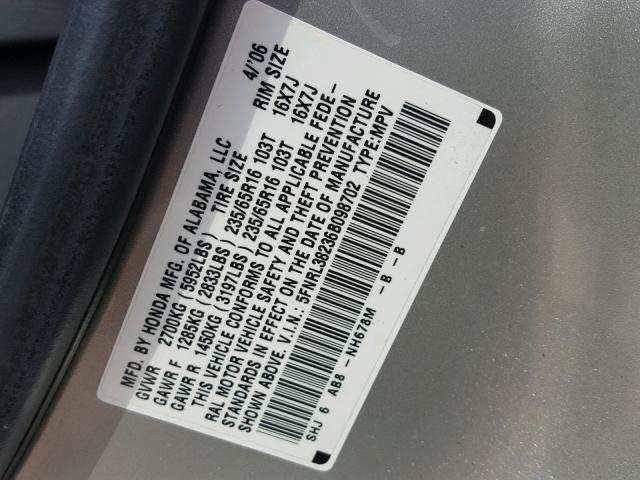 5FNRL38236B098702 - 2006 HONDA ODYSSEY LX SILVER photo 10