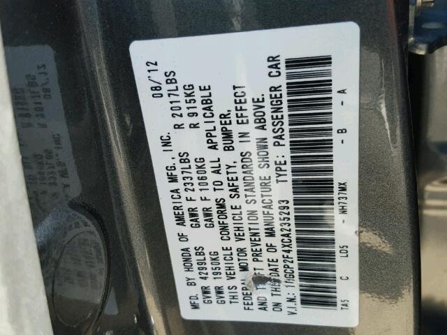 1HGCP2F4XCA235293 - 2012 HONDA ACCORD LXP GRAY photo 10