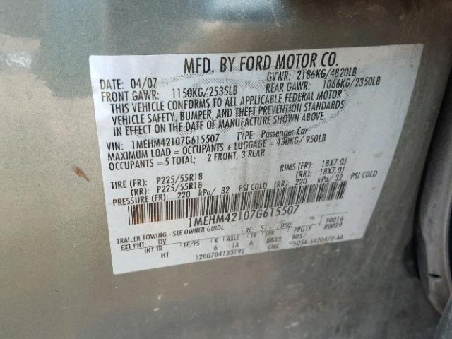 1MEHM42107G615507 - 2007 MERCURY MONTEGO PR 蓝色 照片 10