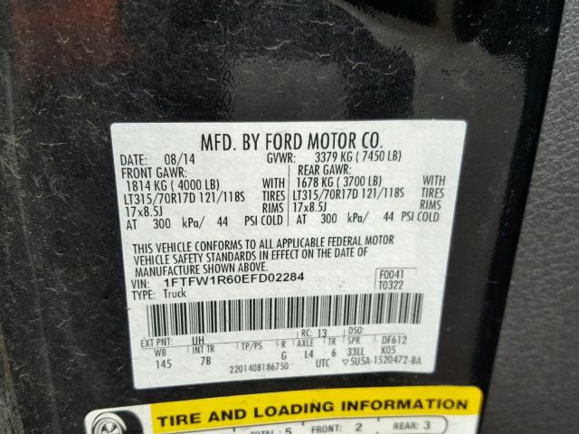 1FTFW1R60EFD02284 - 2014 FORD F150 SVT R BLACK photo 10