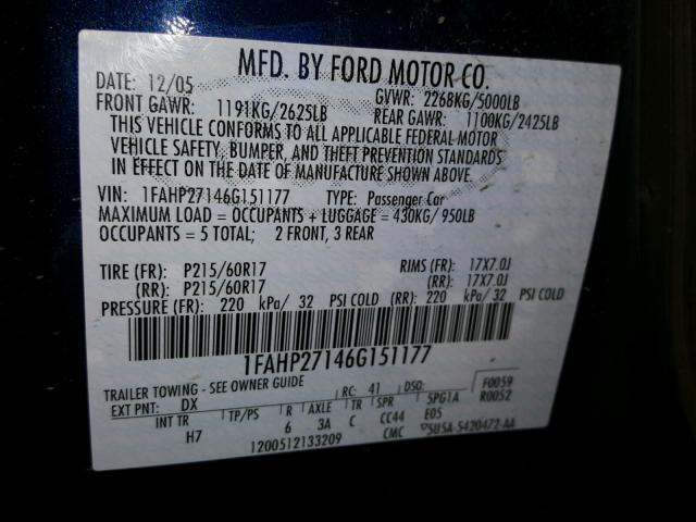 1FAHP27146G151177 - 2006 FORD FIVE HUNDR BLUE photo 10