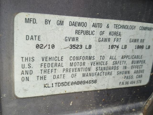 KL1TD5DE0AB094656 - 2010 CHEVROLET AVEO LS GRAY photo 10