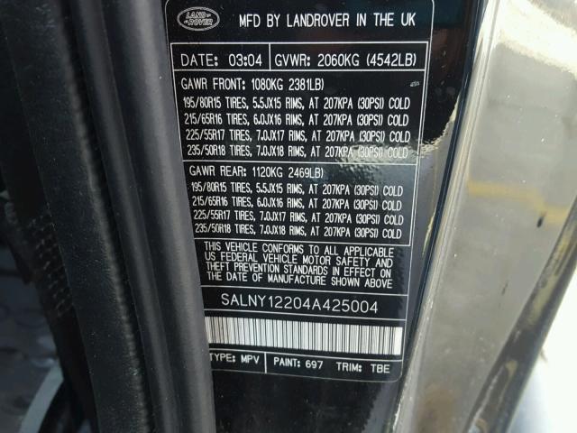 SALNY12204A425004 - 2004 LAND ROVER FREELANDER BLACK photo 10