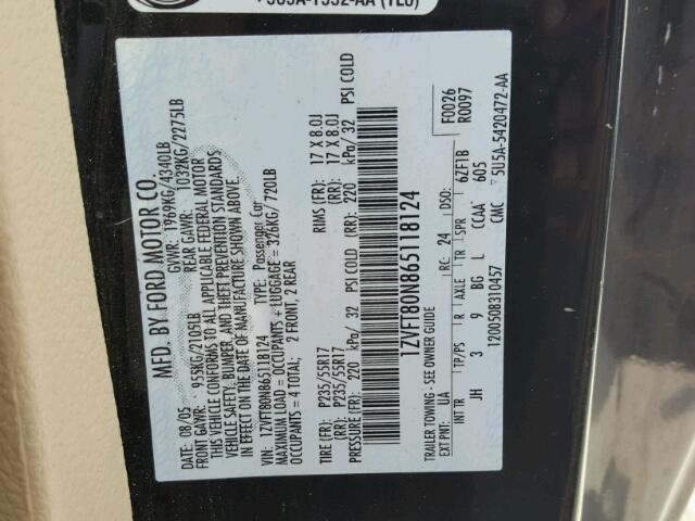 1ZVFT80N865118124 - 2006 FORD MUSTANG BLACK photo 10