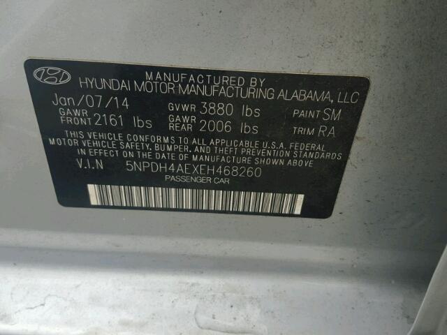 5NPDH4AEXEH468260 - 2014 HYUNDAI ELANTRA SE SILVER photo 10