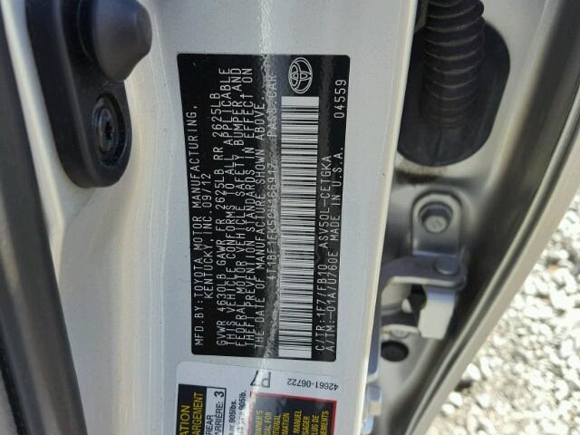 4T1BF1FK5CU166917 - 2012 TOYOTA CAMRY BASE SILVER photo 10