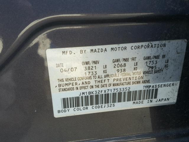 JM1BK32FX71753352 - 2007 MAZDA 3 I GRAY photo 10