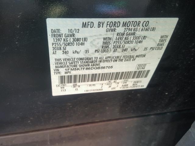 1FM5K7F86DGB56705 - 2013 FORD EXPLORER L BLACK photo 10