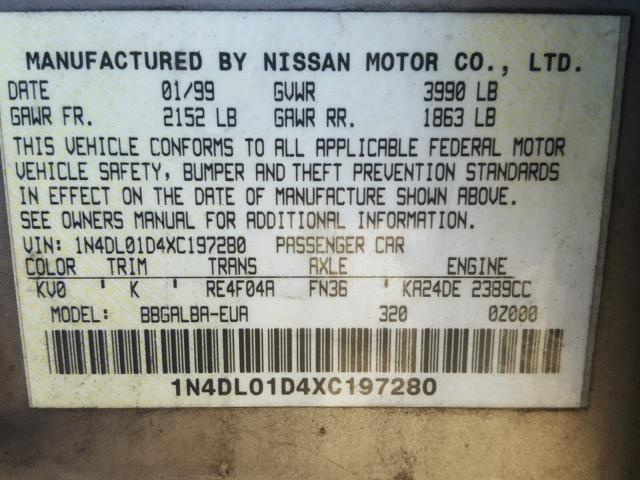 1N4DL01D4XC197280 - 1999 NISSAN ALTIMA XE GRAY photo 10