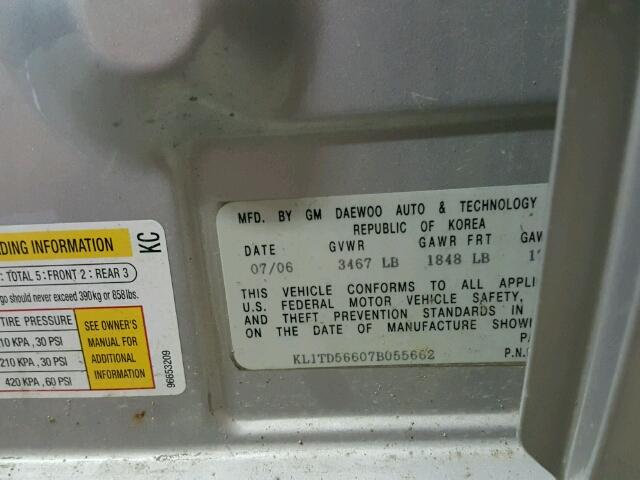 KL1TD56607B055662 - 2007 CHEVROLET AVEO BASE Сұр фото 10